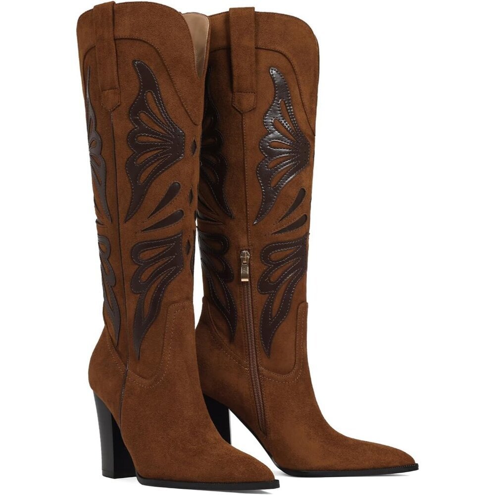 Women's Brown Pointed Toe Chunky High Heels Cowgirl Wide Calf Knee High Boots - Picture 4 of 7